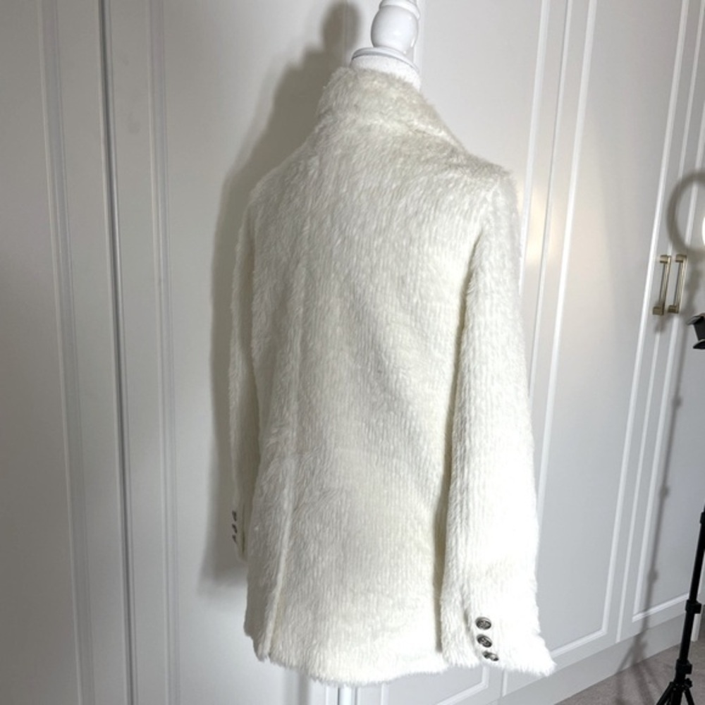 Fuzzy Double Breast White Coat With Metallic Threads & Silver Stamped Buttons - Picture 6 of 14